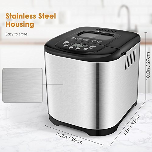 Aicok Brotbackautomat, 2.2LB Programmierbare Brotbackmaschine Edelstahlgehäuse mit 15-Stunden-Verzögerungs-Timer, 15 Programmen – Glutenfreie Vollweizen-Brotbackmaschine - 7