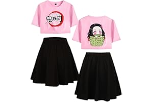 Yumenam Mujeres Niñas Camiseta Cortos y Falda 2 Piezas Chándales Kamado Nezuko Impreso Crop Top + Falda Conjuntos de Pijamas Ropa Deportiva Informal de Verano para Demon Slayer Fans