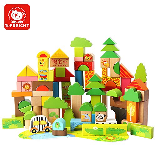 TOP BRIGHT Wooden Building Blocks Set - 100 Blocks Forest Adventure 13 Scene Puzzles Game