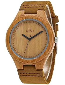 Klassisch Lapidar Bambus Lünette Naturholz Lederband Paar Uhren Quarz Armbanduhren für Damen, Braun