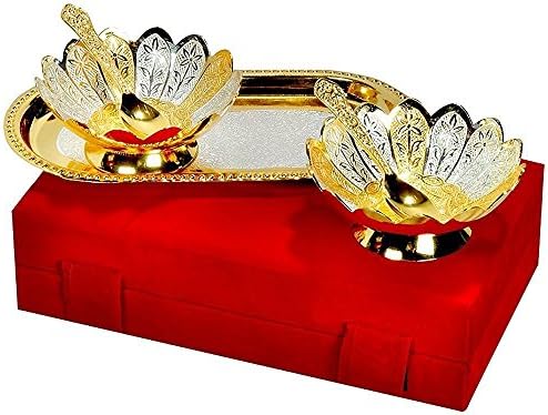 Silver and Gold Plated Floral Shaped Brass Bowl and Tray Set
