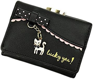 Ylen Women's Short Trifold Wallet with Cute Cat Pendant Ladies Leather Coin Purse Card Holder Case