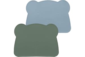 MOJINL Kinder Platzset Bär, Baby Silikon Platzdeckchen Abwaschbar, Rutschfestes Kinder Tischset, BPA Frei Schmutzabweisende Tischunterlage für Kinder und Kleinkinder (Fernblau Gelbgrün)