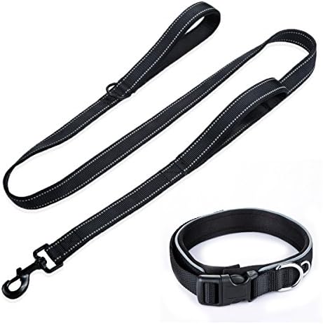 Splink Dog Lead and collar set Reflective Ajustable Nylon Pet Collar with 2 D-Ring And 3M Reflective Double Handle Dog Walking Leash for Medium and Large Dogs(Neck 43-60CM)