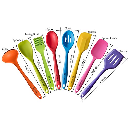 4YANG 8er Set Silikon Küchenhelfer -Perfekt zum Kochen und Backen, Küchenzubehör-Hitzebeständige Pfannenwender Turner, Schaumlöffel , Schöpfkelle , Löffel, Löffel Spatel, Spoonula, Küchenspatel, Basting Pinsel (Bunt) - 2