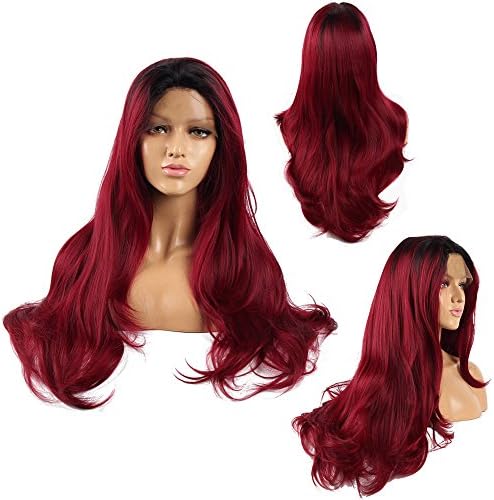 Ivan Cosmetic Wine Red With Black Top 2 Tone Ombre Synthetic Lace Front Kanekalon Fiber High Temperature Resistant Straight Wave Wigs With Baby Hair Pre Plucked Hair For All Skins Women.(Wine Red,24")