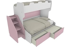 MOBILFINO CAMERETTE SMART120 - Letto a Castello con Letto Inferiore 1piazza e Mezza con scaletta Contenitore Indipendente - Bianco e Cipria, con cassettoni Estraibili