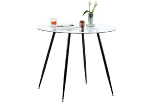 GOLDFAN Round Dining Table 80cm with Tempered Glass Top, Black Legs Modern Table, Small Circular Glass Table Kitchen Living Room Furniture