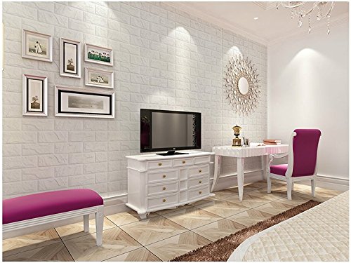 5pcs 3D Ziegelstein Tapete 60x60cm Weiß~Brick Pattern Wallpaper~Wandaufkleber~ Fototapete ~Wandtapete ~Abnehmbare Selbstklebend Imitation Ziegel Tapete, Dekor für Wohnzimmer, Schlafzimmer, Kinderzimmer, Badezimmer oder Küche. (5 Stücke, Weiß) - 7