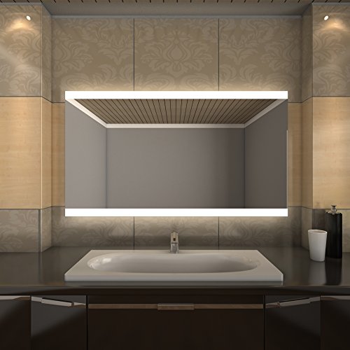 CONFI Badspiegel mit LED-Beleuchtung oben und unten, rahmenloser Wandspiegel, beleuchtet mit 4cm breiten, satinierten LED-Licht-Bändern (Breite 160cm x Höhe 60cm) - 4