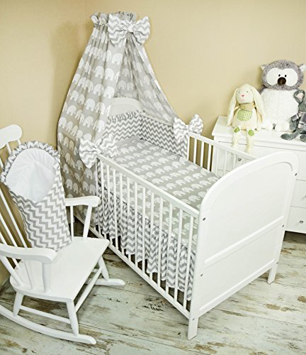 5-Piece Baby Bed Linen Set with Cot Bumper, Bed Sheets and Canopy 100 x 135 cm Full-Fabric Canopy Elephant Grey