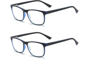MMOWW Paquete de 2 Gafas de Lectura - Gafas Ultraligeras Anti Luz Azul con Bisagras de Resorte y Lente Cuadrada Transparente (2*Azul Oscuro, 2.0)