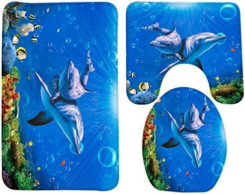 3 Piece Bath Mat Set Blue Ocean Tropical Fish Coral Undersea World Non-Slip Bathroom Mats Contour Toilet Cover Rug , B