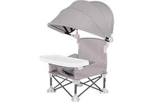 QIKAM Chaise de Camping pour Bébé, Chaise Plage Bebe avec Plateau Amovible et Parasol, Chaise Bebe Pliante, Rehausseur Chaise Enfant, Chaise d'alimentation pour Bébé Pliable, Chaise Haute Bébé