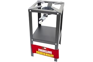 MOHOME Fornellone a Gas Esterno Premium Quality Made in Italy Ferro Resistente Portatile 40 x 40 x 80 cm Bruciatore Ghisa Regolatore 4 Piedi Supporto Pentole Campeggio Pic Nic Outdoor