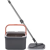 BonKaso 360° Spin Mop with Square Bucket Deluxe System Set and Reusable Microfiber Pads for Wet & Dry Glass, Wall, Tile and H