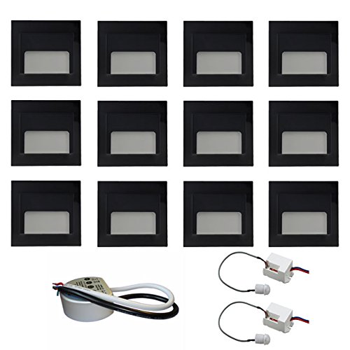 Preisvergleich Produktbild ONTARIO Treppenstrahler / Stahl / 12V DC / Nicht schwenkbar / 60mm FI-Steckdosen-Montage / 12-Stück-Set mit 20W 12V DC Netzteil und zwei 230V Bewegungssensoren (Mattschwarz (Kaltes Licht))