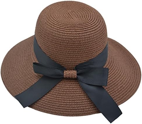 Yosang Women Straw Sun Hat Big Bowknot Ribbon Summer Beach Cap Dark Brown