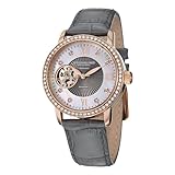 Stuhrling Original Damen 710.04 Automatik-Selbst Wind Rose Gold Swarovski Kristall gefüllte Lünette Perlmutt Open-Heart Dial 8 Diamant-Akzente Grau Echtes Leder genäht Uhrenarmband