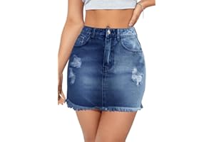 Alaster Queen Women's Denim Mini Skirt Ladies Pencil Ripped Bodycon High Waisted Jean Skirt