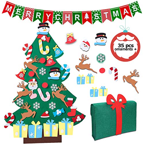 SUPTEMPO Feltro Albero Natale, 3.2ft Albero di Natale in Feltro per Bambini con 35 Pezzi Ornamenti Staccabili Regali di Natale Decorazioni Natalizie per pareti e Porte