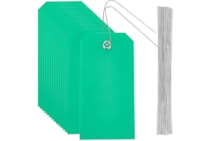 SOFPLATE 100Pcs Green Shipping Tags Blank Waterproof Tags with Iron Wire String Hang Eyelet 4.7 x 2.4 Inch Rectangle Plastic Name Identification Labels Kit for Hanging Name Card Handbag Luggage Gift