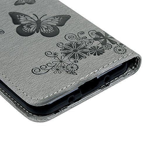 YOKIRIN Wallet Case für Samsung Galaxy J3 /J3 (2016) Schmetterling Blumen Muster PU Ledercase Cover Flipcase Handyhülle Folio Schutzhülle Protective Schale Flip Cover mit Standfunktion Kredit Kartenfächer in Gray - 6
