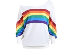 GENERIC Bluse Damen One Shouleder Sweatshirt Gestreift Regenbogen Pullover, Langarm Rundhals Pulli Off Shoulder Shirts Oberteile Tops