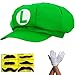 Produktbild thematys Super Mario Luigi Mütze - Kostüm für Erwachsene & Kinder in 4 Handschuhe und 6X Klebe-Bart - perfekt für Fasching, Karneval & Cosplay