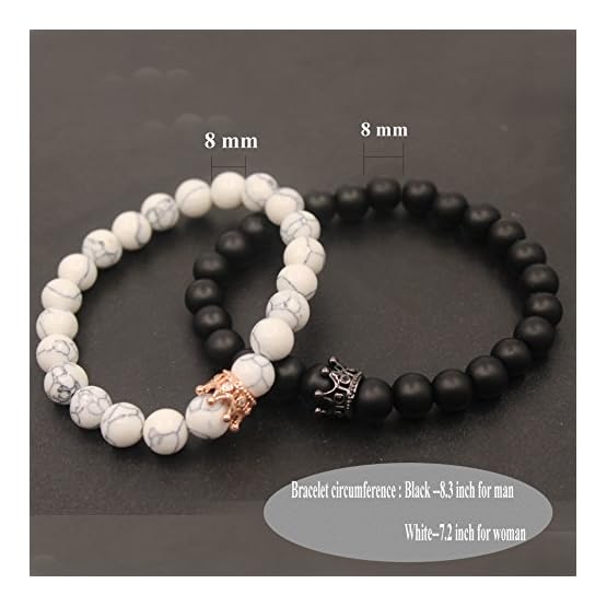 UEUC Par Distancia Pulseras para lovers-2pcs Negro Mate Blanco y ágata Howlita Bolas de 8 mm - Imagen 3