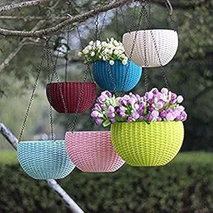 Plastic Flower Pot with Hanging Chain 6 Pieces, Multicolour, Pot Diameter -7.1 Inch, Pot Height -4.8 Inch, Pot Thickness -3 mm, Chain Length -13 inch Approx. AVA75