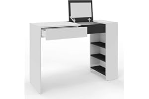 MATKAM Opera Maxi Schminktisch H 78 x B 114 x T 40 cm, mit ausklappbarem Spiegel H 21 x B 34 cm mit Ablage, 3 seitliche Ablagefächer, 1 Schublade, aus laminierter Holzspanplatte (Schwarz)