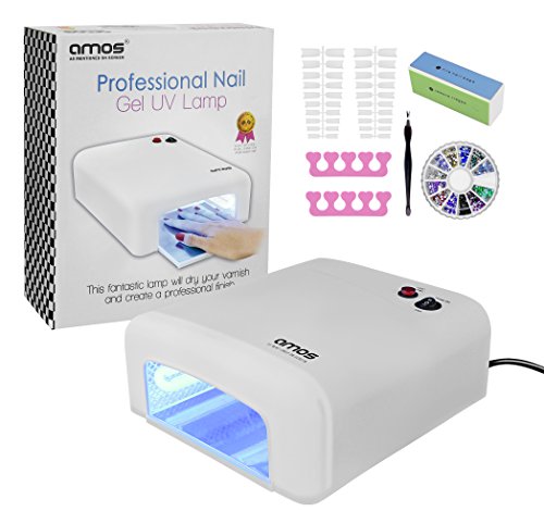 AMOS Professional UV Lamp Nail Dryer Light 36W Gel Shellac Art Manicure Pedicure Curing Timer with 4 x 9W Bulbs and Accessories Set (White)