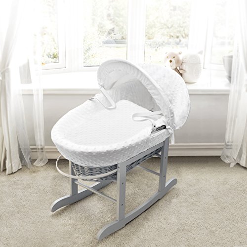 White Dimple Grey Wicker Padded Moses Basket & Deluxe Grey Rocking Stand
