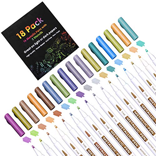 Paquet de 18 stylos marqueurs métalliques, Lineon 16 couleurs stylos à pointe fine avec 2 pochoirs pour bricolage album photo artisanat Rock Art peinture carte fabrication verre bois