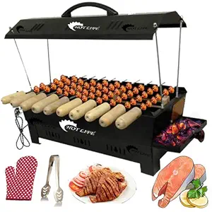 HOTLIFE Portable Outdoor Barbeque Grill Toaster Charcoal BBQ Grill Oven Black Carbon Steel, Black Electric Grill with 10 Wooden Handle Skewers (Black)