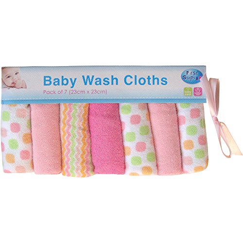 Baby Boys' & Girls' Super Soft Patterned Bath Time Wash Cloths (7 Pack) (Pink)