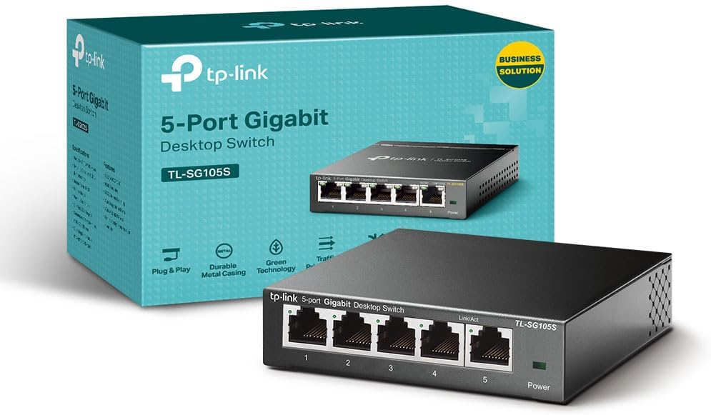 TP-Link TL-SG105S 5 Port Gigabit Ethernet Network Switch, Ethernet Splitter 1 to 4, Network 4 Way Ethernet Hub, Desktop & Wall-Mounting, Sturdy Metal Case, Fanless, Plug & Play, Energy-Saving