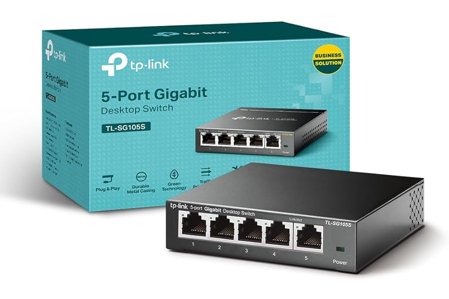 TP-Link TL-SG105S 5 Port Gigabit Ethernet Network Switch, Ethernet Splitter 1 to 4, Network 4 Way Ethernet Hub, Desktop & Wall-Mounting, Sturdy Metal Case, Fanless, Plug & Play, Energy-Saving