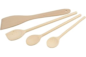 Fackelmann 31125 Set de 4 ustensiles de cuisine en bois, Lot de spatules et cuillères de cuisine en bois, Bois certifié FSC, 20cm, 25cm, 30cm, Brun