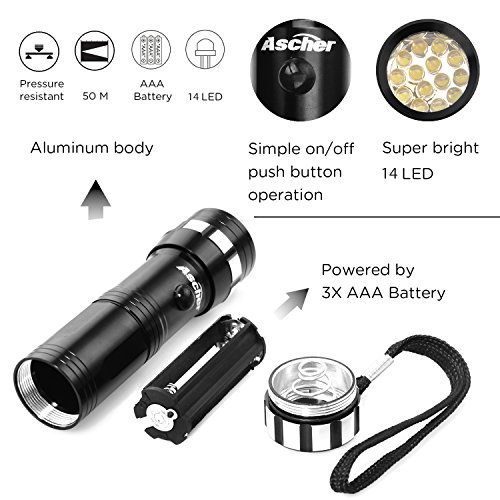 Ascher Superhelle LED Taschenlampe |14 LED | Energiesparend | Aluminiumgehäuse | Schwarz - 5