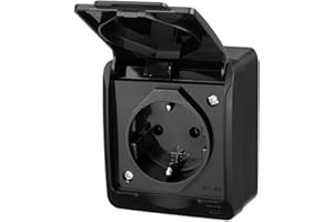 asvendo Elektro HERMES - Interruptor de luz, interruptor doble, enchufe múltiple, protección IP44, resistente al agua, para exteriores, color negro (1 enchufe)