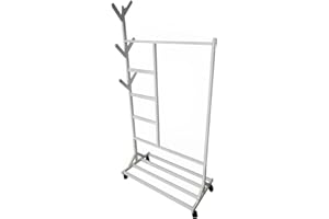 MEYVASER.COM ECOMMERCE COMPANY Meyvaser Perchero burro Blanco, Perchero de pie Blanco con 6 ganchos 180x100x35Cm y Estante para zapatos, Perchero colgador de ropa con ruedas, Resistente, Madera