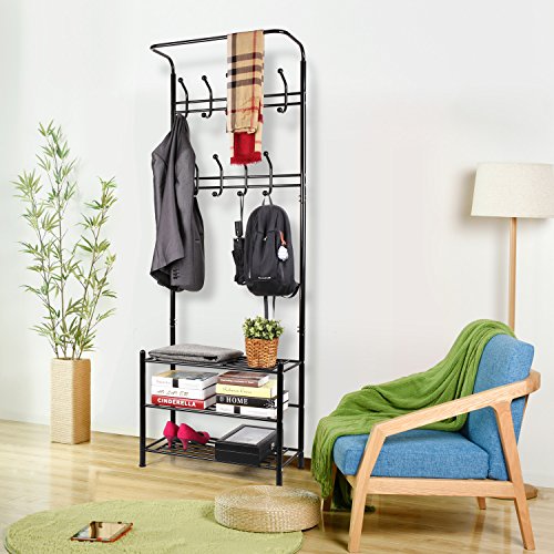 HOMFA Garderobenständer Kleiderständer 3 Ablagefächer Schuhablagen mit 18 Garderobenhaken, Höhe 190cm, Breite 68cm, Tiefe 30cm, Schwarz - 4