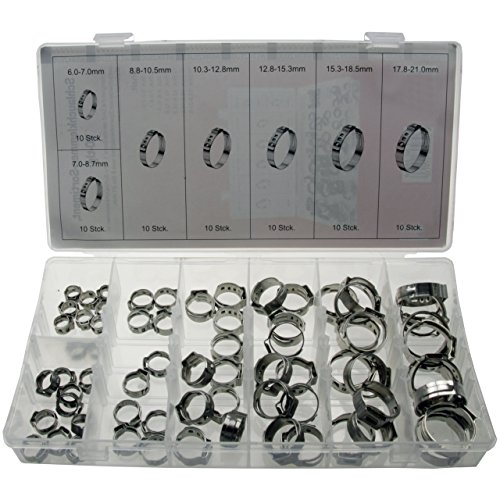 70 Stück Universal 1-Ohr Schlauchschellen (1-Ohr-Klemmen) Leitungsschelle Schlauchklemmen Leitungsschellen-Sortiment aus EDELSTAHL 6-21mm (im Aufbewahrungsbox / Sortimentsbox)