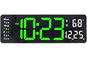 Plumeet Reloj de Pared Digital, LED de 33cm con Control Remoto, Dígitos Grandes, Atenuación Automática, Alarma Digital Que Muestra Fecha, Semana y Temp, Verde
