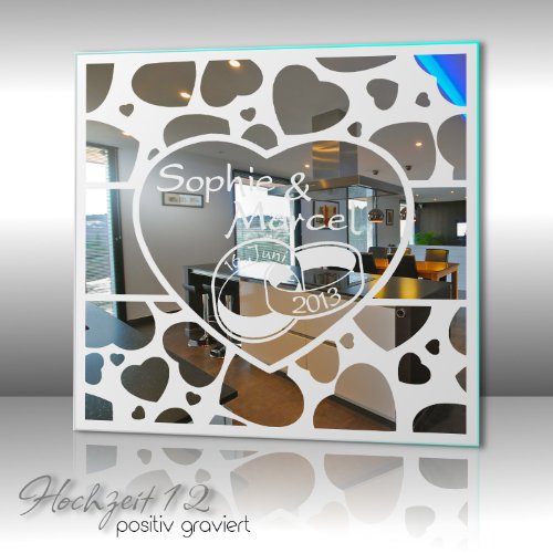 Motivspiegel Hochzeit 12 Spiegel mit Gravur Geschenk zur Hochzeit Wandbild Dekoration (45x45cm) - 2
