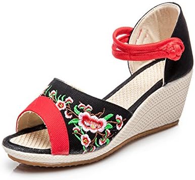 DADAZE Women's Colorful Phoenix Old Beijing Embroidered Canvas Sandals National Style Shoes Wedge Heel Fashion Mary Jane Shoes