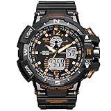 PAPAKOO Sportuhr LED Military Armbanduhr LED Doppelte Anzeige Outdoor-Abenteuer Elektronik Herren 50M Wasserdicht LED Licht Analog Digital Armbanduhr für Männer-Yellow-WCH1376-YL