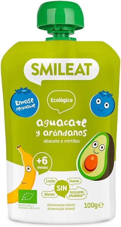 Smileat - Pouch de Aguacate y Arándanos, Ingredientes Naturales Bebibles, Para Bebés a Partir de los 6 Meses - 100g